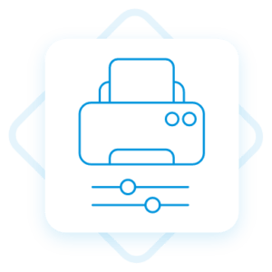 Justdata ICT, Blauw lijnpictogram van een printer met papier erin, in een afgerond vierkant met decoratieve lijnen en drie horizontale schuifregelaars eronder - ideaal om afdrukfuncties of syteembeheeroplossingen van Microsoft 365 te illustreren.