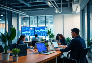 Justdata ICT, Verschillende mensen werken op laptops rond een vergadertafel in een modern kantoor, met op de muur op de achtergrond grote schermen met gegevensgrafieken en grafieken. De kamer is gevuld met natuurlijk licht en groene planten.