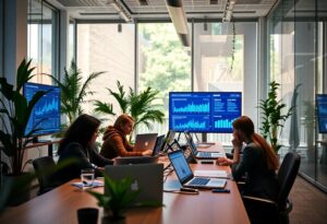 Justdata ICT, Drie mensen werken op laptops in een moderne vergaderruimte met grote ramen, planten en grote schermen waarop gegevensgrafieken en grafieken worden weergegeven. De sfeer is geconcentreerd en er wordt samengewerkt.