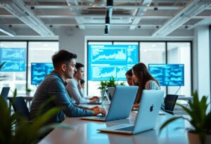Justdata ICT, Een groep jonge professionals werkt op laptops aan een moderne kantoortafel, omringd door grote schermen met grafieken en diagrammen. Het kantoor heeft heldere verlichting, grote ramen en groene planten op het bureau.