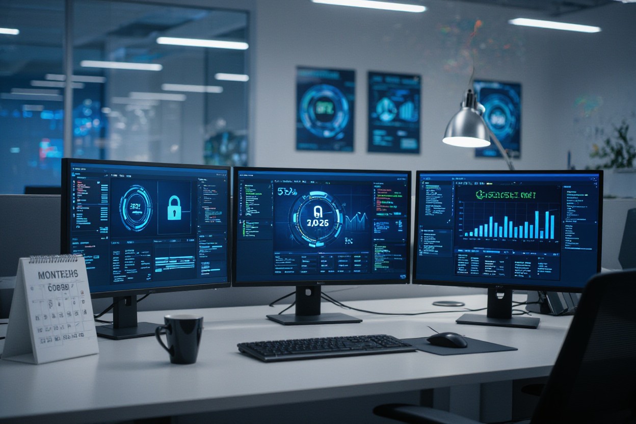 Justdata ICT, Een modern bureau met drie monitoren waarop gegevens over cyberbeveiliging, grafieken en sloten worden weergegeven. Een kalender, koffiemok en toetsenbord staan op het bureau. De achtergrond toont meer schermen en kantoorapparatuur.
