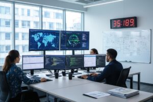 Justdata ICT, Drie mensen zitten aan bureaus met meerdere monitoren waarop kaarten, gegevens en code worden weergegeven in een modern kantoor. Een digitale klok geeft 35:18:9 aan. Op de achtergrond zijn grote ramen en een whiteboard met diagrammen zichtbaar.