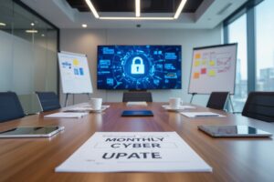Justdata ICT, Een vergaderruimte met digitale apparaten op tafel, een rapport met de tekst MONTHLY CYBER UPDATE en een groot scherm met een digitaal slotsymbool en afbeeldingen van cyberbeveiliging op de achtergrond.