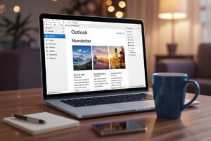Justdata ICT, Een laptop met een Outlook-nieuwsbrief staat op een houten tafel naast een blauwe koffiemok en een smartphone, met op de achtergrond een gezellige woonkamer met warme verlichting en vaag meubilair.
