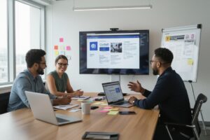 Justdata ICT, Drie mensen zitten rond een vergadertafel met laptops en bespreken hun werk. Op een scherm wordt een Outlook-webpagina weergegeven en op de achtergrond staat een whiteboard met grafieken en plakbriefjes. Kantoorbenodigdheden liggen op tafel.