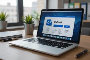 Justdata ICT, Een laptop op een bureau toont de inlogpagina van Microsoft Outlook. Op het bureau staan ook potplanten, een pen en een gesloten notitieblok. Grote ramen op de achtergrond zorgen voor natuurlijk licht in het kantoor.