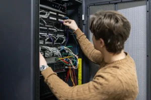 Justdata ICT, Een persoon in een bruine trui sluit kabels aan in een serverrack vol netwerkapparatuur en draden in een datacenter of serverruimte.