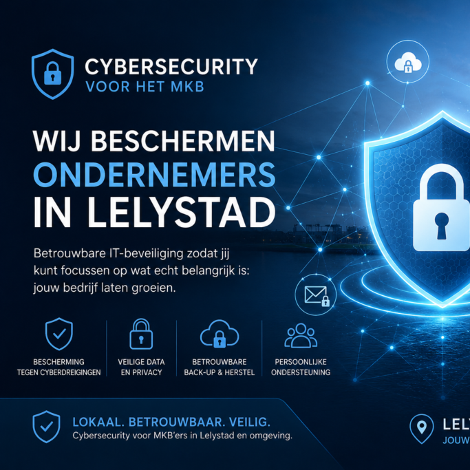 Justdata ICT, Donkerblauwe advertentie over cyberbeveiliging in het Nederlands, gericht op MKB-bedrijven in Lelystad. De advertentie toont een schild met een slot, pictogrammen voor IT-beveiliging, gegevensprivacy, back-up en persoonlijk advies. De tekst benadrukt lokale, betrouwbare en veilige cyberbeveiligingsdiensten voor het MKB in Lelystad.